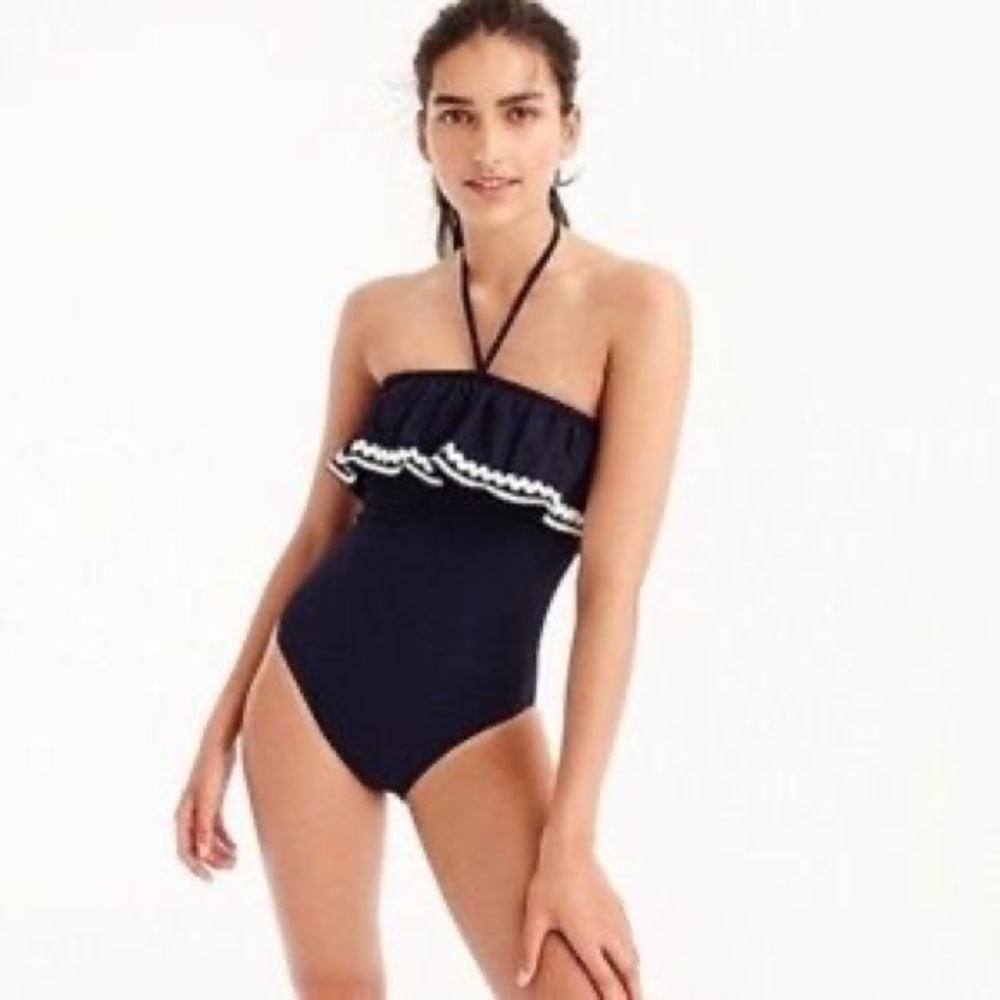 EUC J.Crew Ruffle Bandeau One-Piece Swimsuit in Piqué Nylon with Rickrack Navy